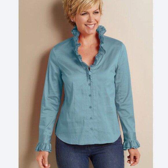 Soft Surroundings Boleyn Shirt Womens Medium Blue Ruffle Collar Button Front Top - Picture 1 of 5